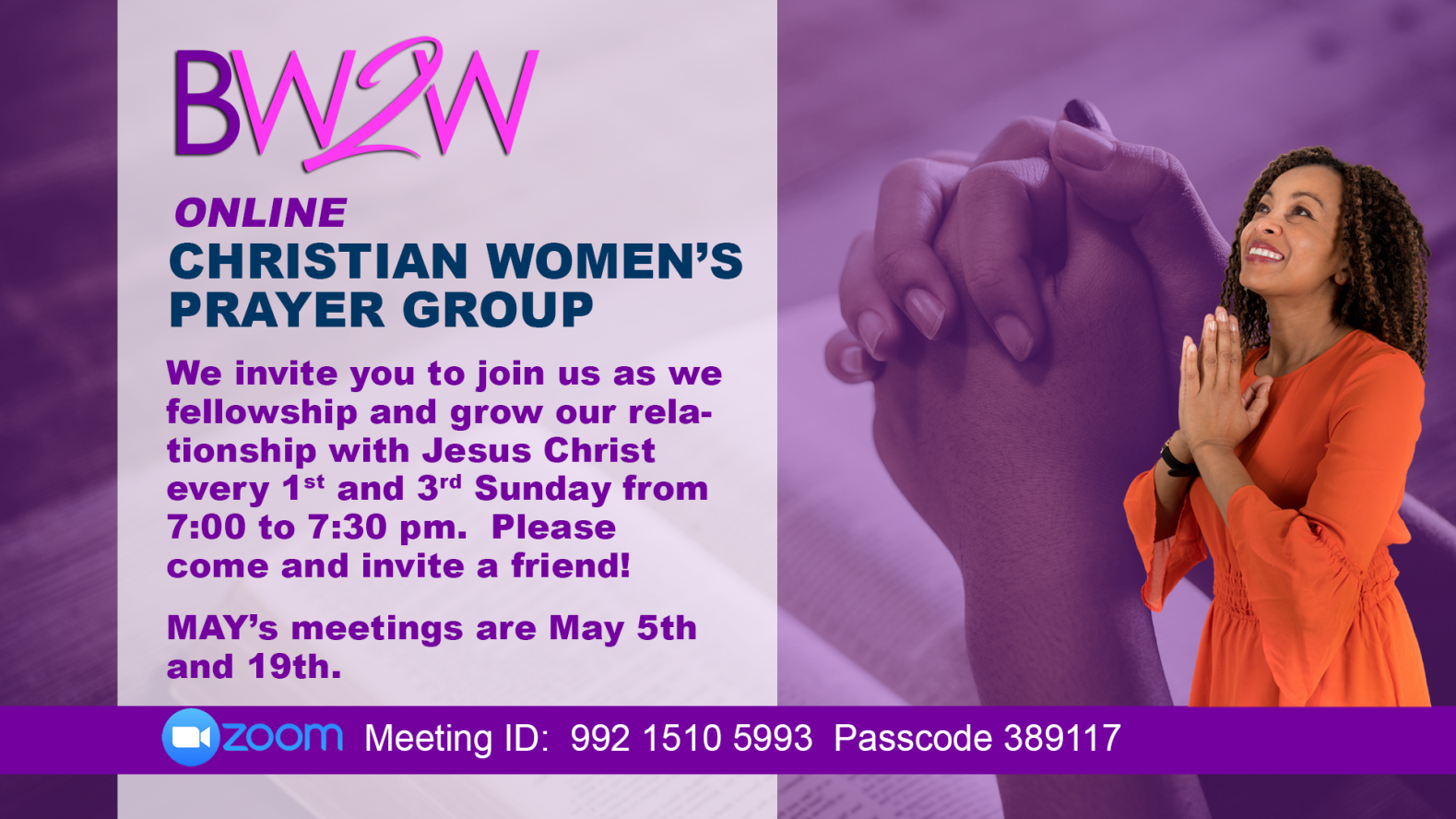 BW2W Online Christian Women's Prayer Group | Sunday May 5th and 19th