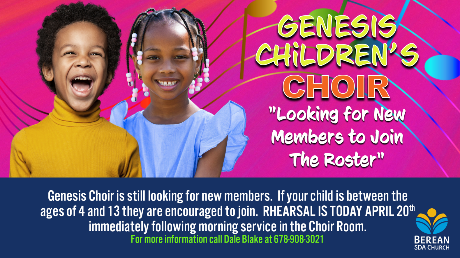 Genesis Children's Choir Rehearsal | Sabbath, April 20th (Following Morning Service)
