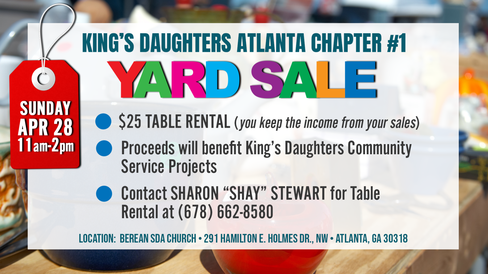 (DATE CHANGE) King's Daughters Atlanta Chapter #1 Yard Sale | Sunday, April 28th 11am to 2pm